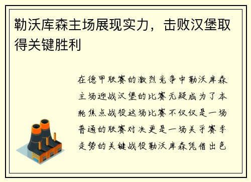 勒沃库森主场展现实力，击败汉堡取得关键胜利